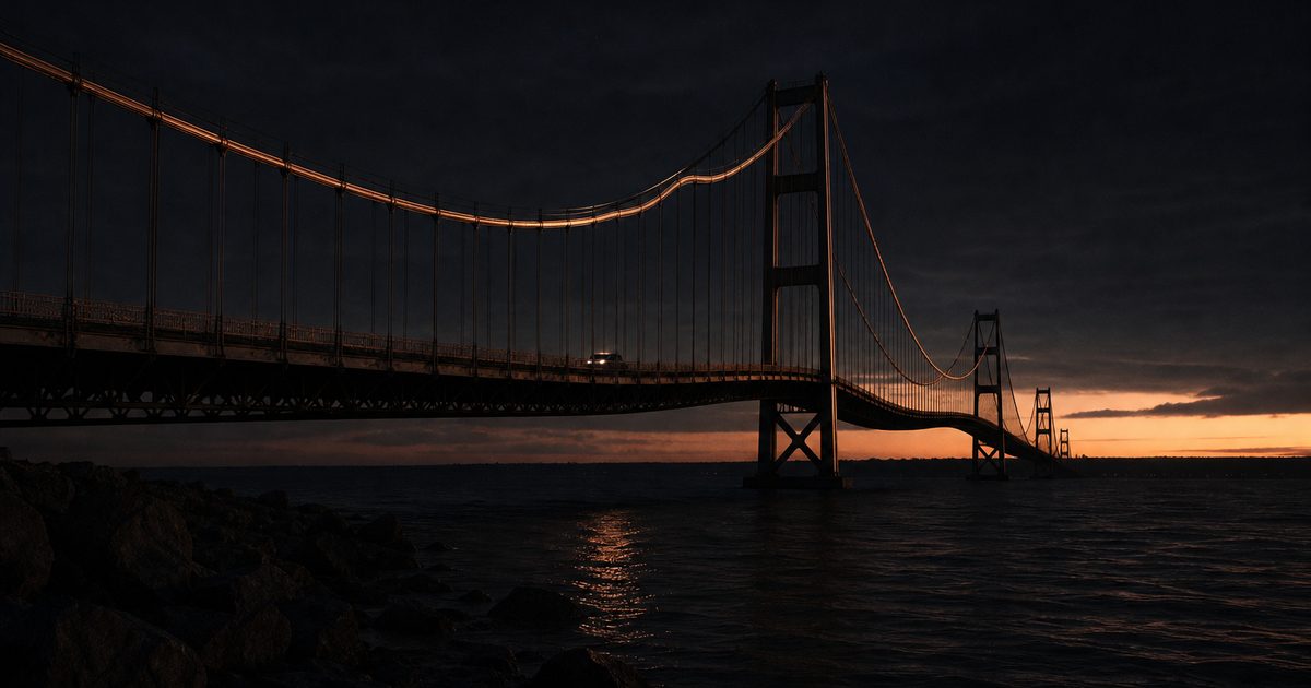 A suspension bridge over dark water at dusk, its deck rolling in slow waves, a single car crossing under a thin band of dawn.